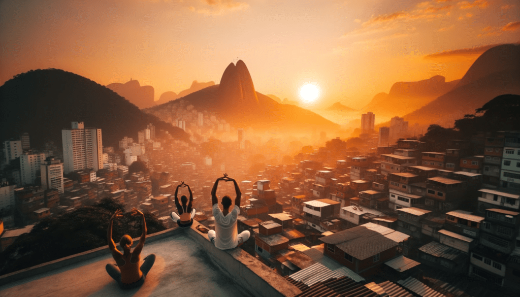 Photo capturing the amber glow of sunset over Rio de Janeiro with the iconic landscape in the background. On the nearest favela rooftop people are i