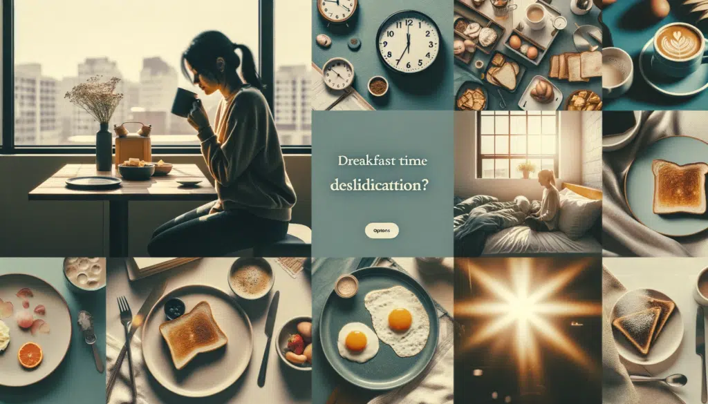 Photo collage in a horizontal format showcasing various morning routines. On the left a blurred image of someone in a rush with a coffee cup. In the