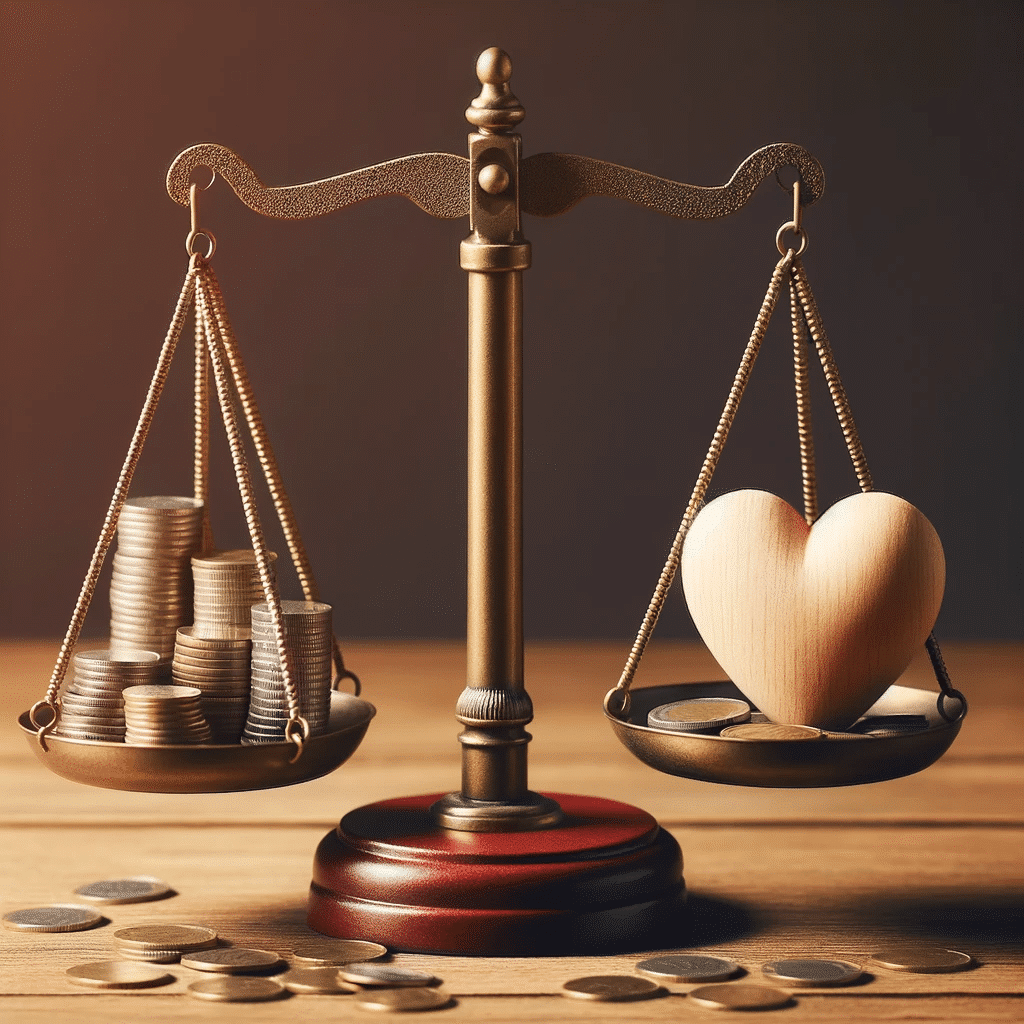 Photo depicting a balance scale with coins on one side and a heart symbol on the other representing the balance between income and health