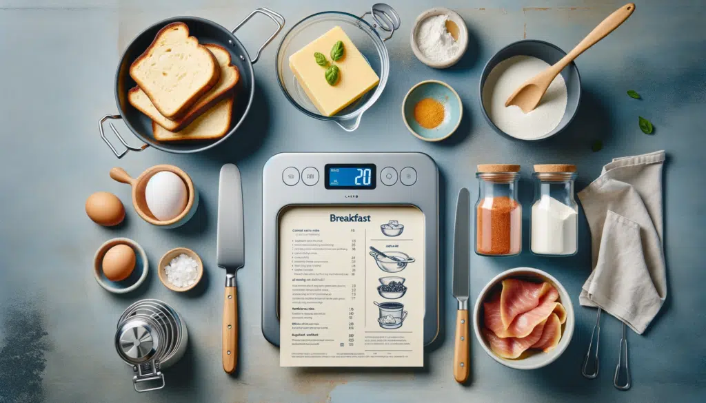 Photo in a horizontal format displaying a close up of a breakfast prep station. There are pre portioned ingredients in transparent containers a digit