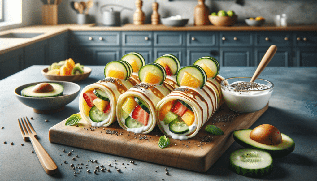 Photo in a horizontal format displaying a close up of breakfast sushi rolls made of pancakes filled with fresh fruit slices and tied with thin cucum