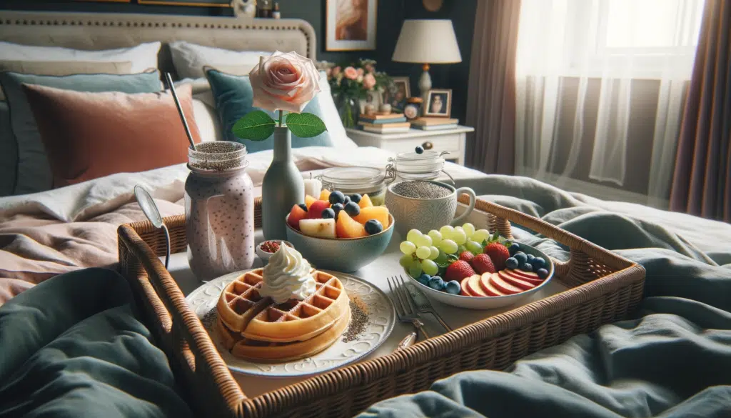 Photo in a horizontal format focusing on an elaborate breakfast tray served in bed. The tray holds a plate of waffles with whipped cream a bowl of mi