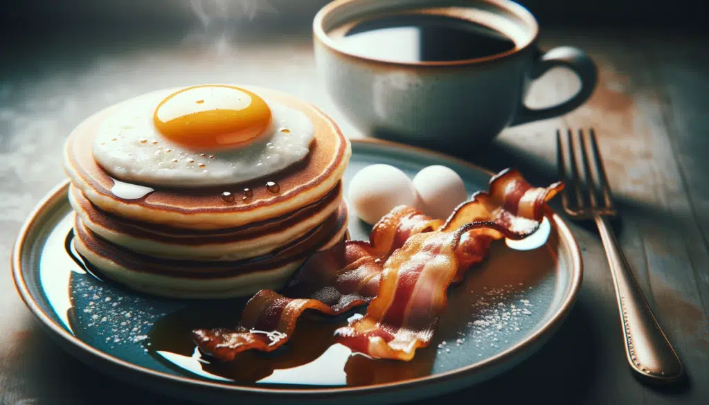 Photo in a horizontal format of a close up view of a breakfast plate. The focus is on the texture of the golden brown pancakes the glistening bacon