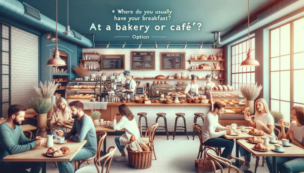 Photo in a horizontal format of a lively bakery or cafe setting. People seated at tables enjoying their breakfast baristas behind the counter prepari