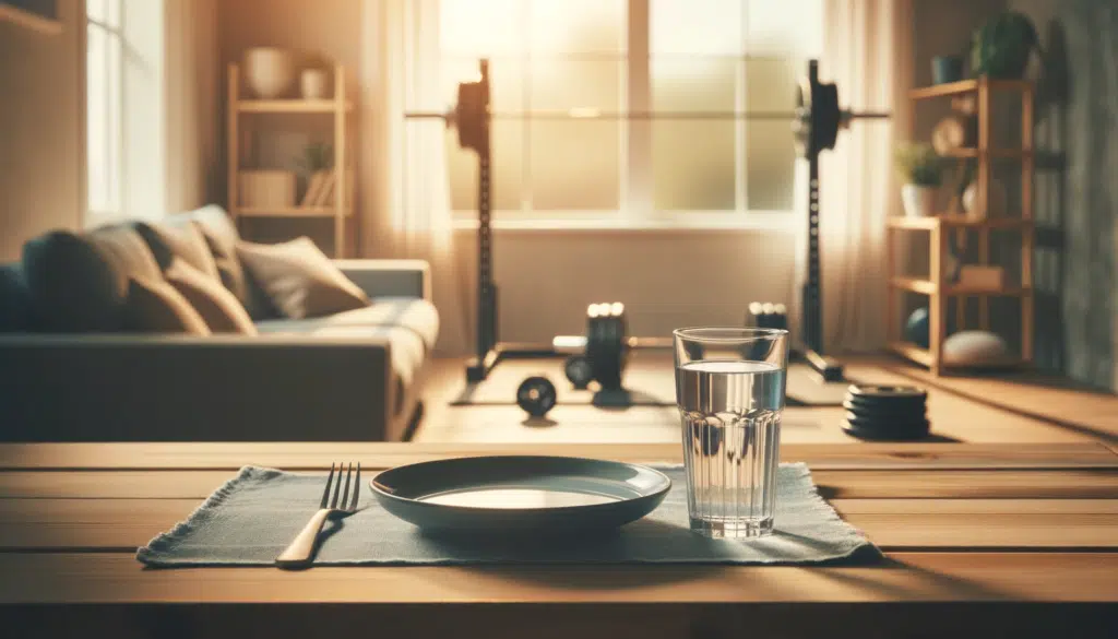 Photo in a horizontal format of a serene morning setting with an empty breakfast table. A filled glass of water is the only item on the table. In the