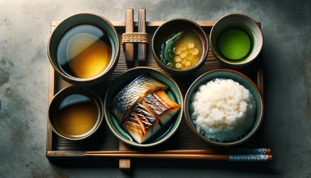 Photo in a horizontal format offering a close up view of the Japanese breakfast components. The flaky texture of the grilled fish the glossy sheen on