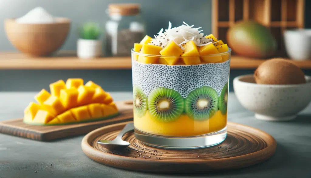 Photo in a horizontal format providing a close up of a chia seed pudding layered with mango puree and topped with kiwi slices and coconut shavings. Th