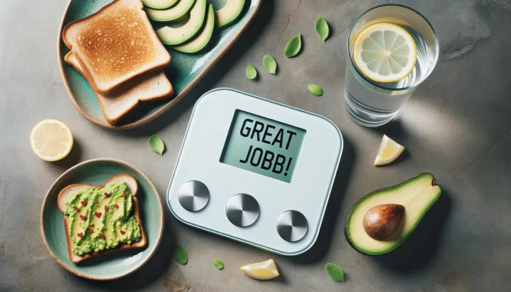 Photo in a horizontal format providing a close up of a digital weight scale displaying a positive message like Great Job. Beside it theres a plat