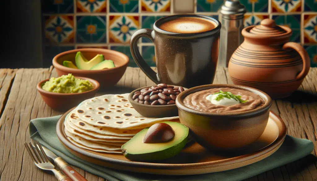 Photo in a horizontal format providing a close up view of the Mexican breakfast components. The soft texture of the tortillas the creamy consistency