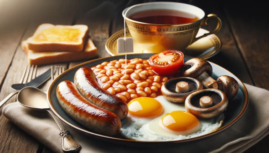 Photo in a horizontal format providing a close up view of the different components of the British breakfast. The juicy sausages the shimmering baked