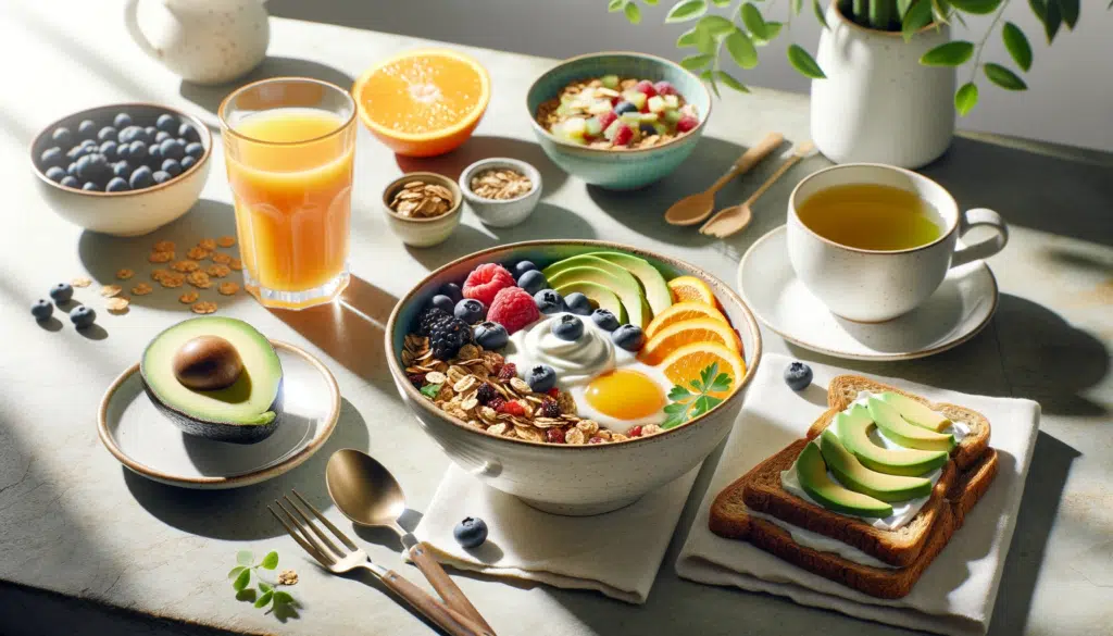 Photo in a horizontal format showcasing a breakfast table set with a variety of healthy options. Theres a bowl of granola topped with fresh fruits an