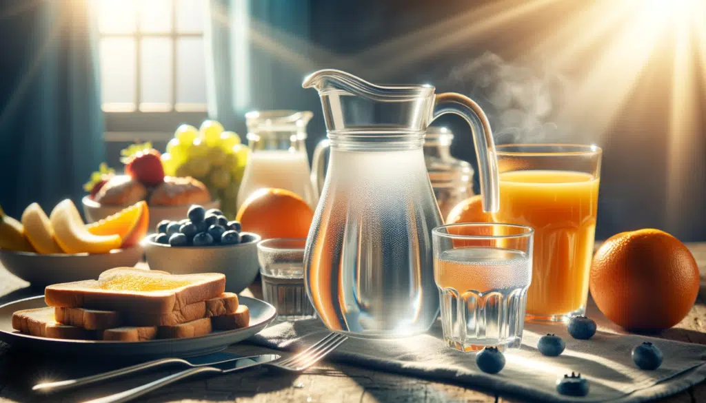 Photo in a horizontal format showcasing a breakfast table with a prominent focus on a pitcher of water glasses filled with water and a fresh orange