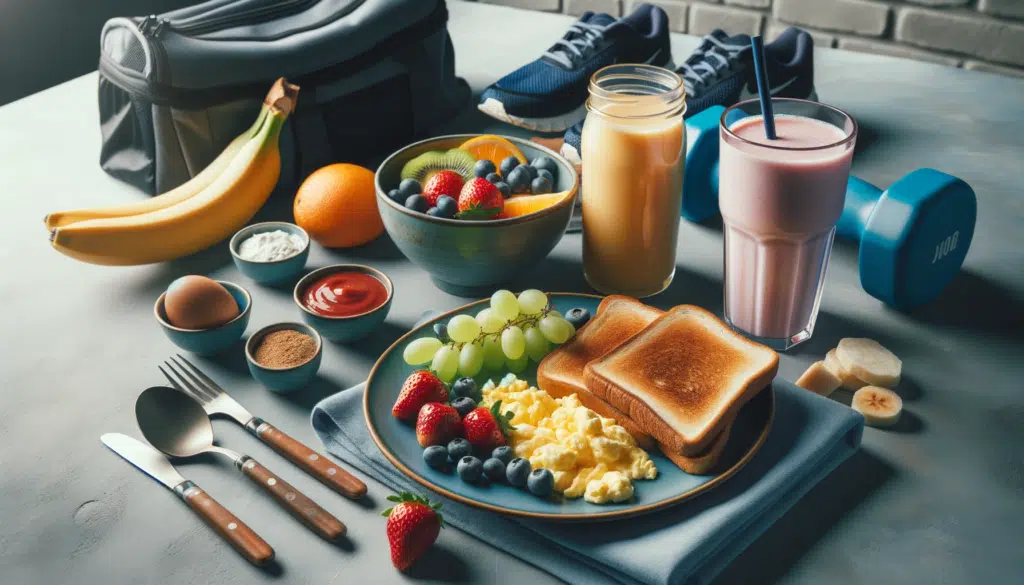 Photo in a horizontal format showcasing a full breakfast meal set on a table ready to be eaten. The spread includes scrambled eggs toast a smoothie