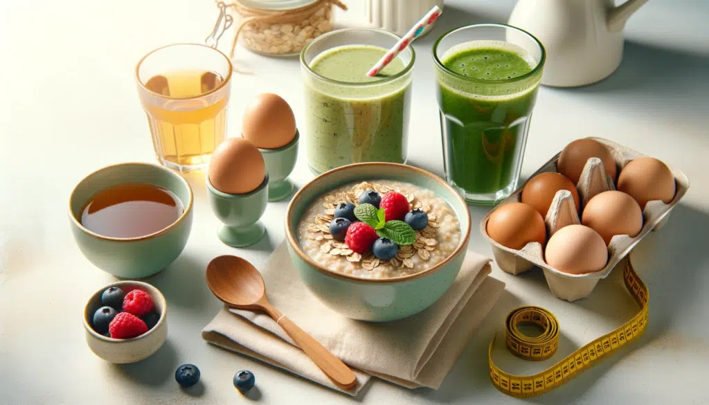 Photo in a horizontal format showcasing a healthy breakfast setup tailored for weight loss. The scene includes a bowl of oatmeal topped with fresh ber