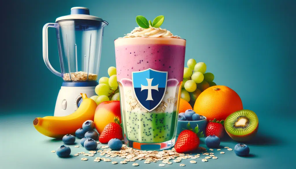 Photo in a horizontal format showcasing a vibrant smoothie made with blended fruits yogurt and a sprinkle of oats on top. The scene includes a blend