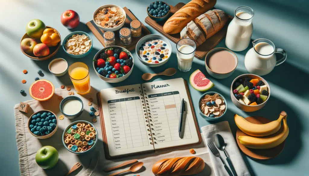 Photo in a horizontal format showcasing a well organized breakfast table. Different sections of the table hold cereals fruits dairy products bread