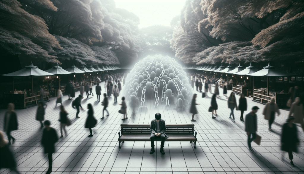 Photo montage of a serene public place like a park or square. Amidst the crowd a person sits alone on a bench surrounded by a faint gray aura. Thi