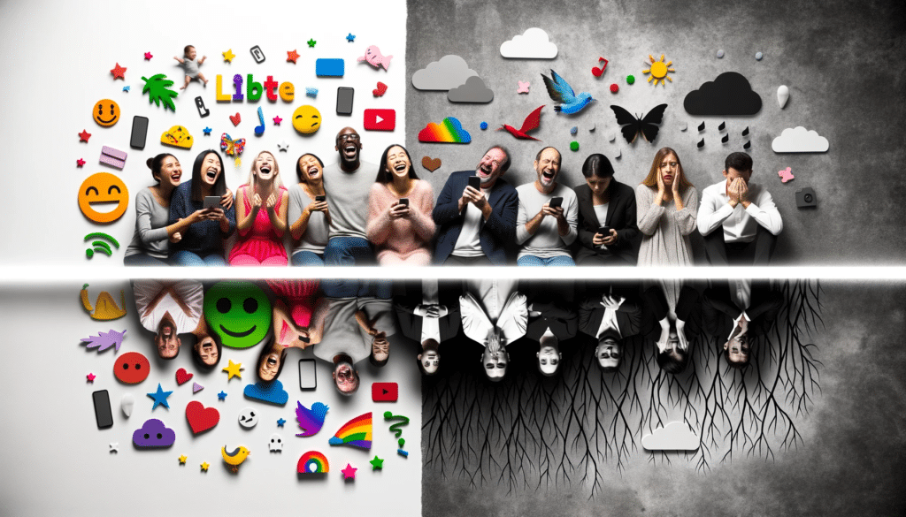 Photo montage of two worlds divided by a line. On the left people are laughing sharing and learning with bright colors representing the positive si