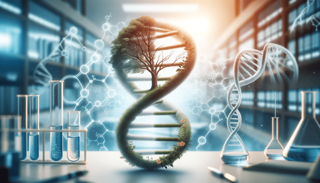 Photo of a DNA double helix intertwined with a tree symbolizing the genetic and environmental factors of Generalized Anxiety Disorder. The background