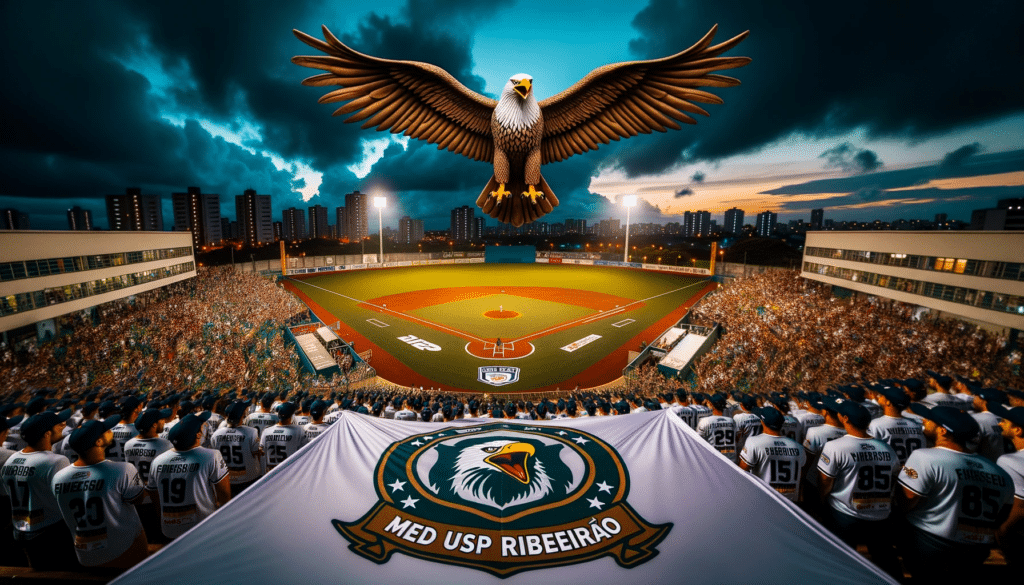 Photo of a baseball field illuminated under a twilight sky with the MED USP Ribeirao team in their uniforms prominently featuring a majestic eagle e