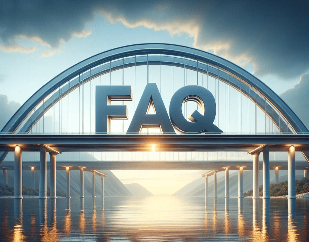 Photo of a beautiful modern bridge spanning a serene body of water with the bold letters FAQ displayed in the sky above