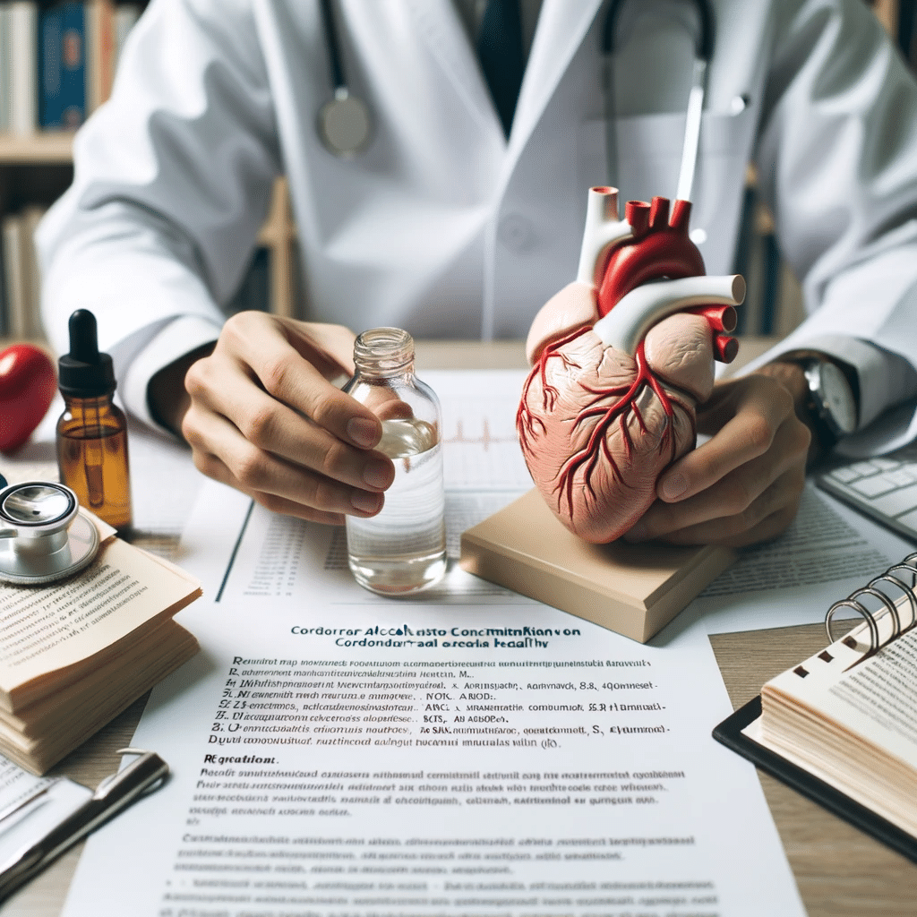 Photo of a cardiologist in a research setting examining a heart model focused on the coronary arteries with notes and research papers related to the