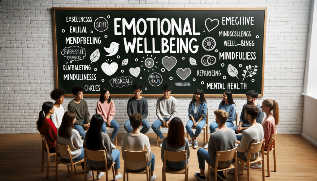 Photo of a classroom setting where students of diverse backgrounds are sitting in a circle sharing their experiences and feelings. On the blackboard 1