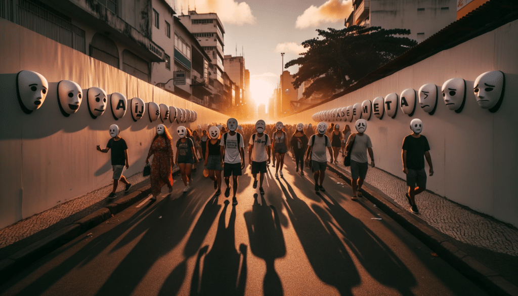 Photo of a crowded Brazilian street where people walk with masks representing various emotions while shadows cast on the wall form the phrase Saude