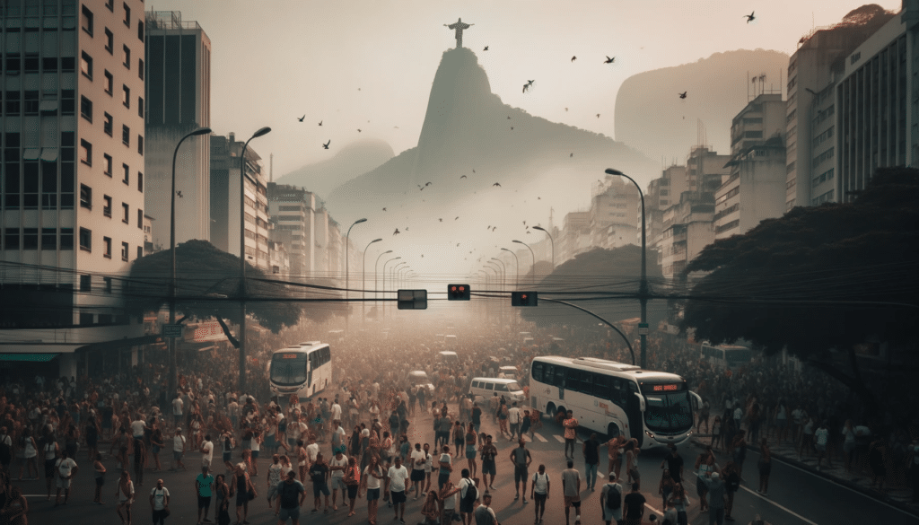Photo of a crowded urban setting in Brazil with the iconic Christ the Redeemer statue in the background. The atmosphere is hazy and the people on th