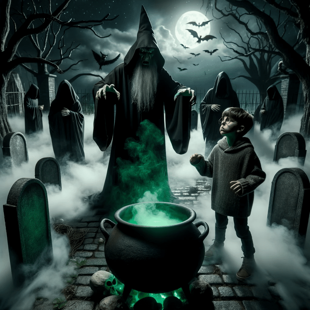 Photo of a dark graveyard with a cauldron emitting green smoke, surrounded by hooded figures, and a young boy with glasses bravely standing against a