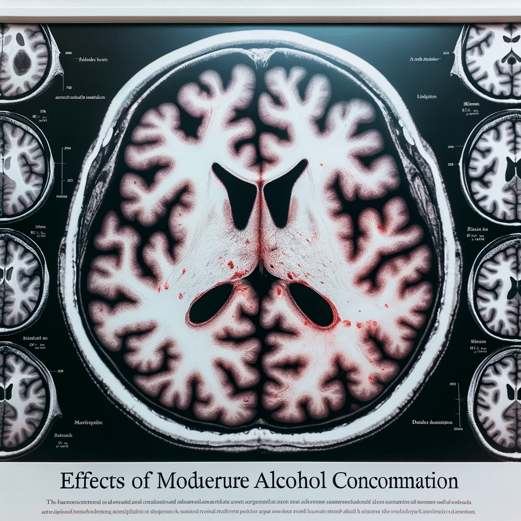 Photo of a detailed brain scan showing areas of atrophy, with a caption underneath reading_ 'Effects of Moderate Alcohol Consumption'. The image shoul