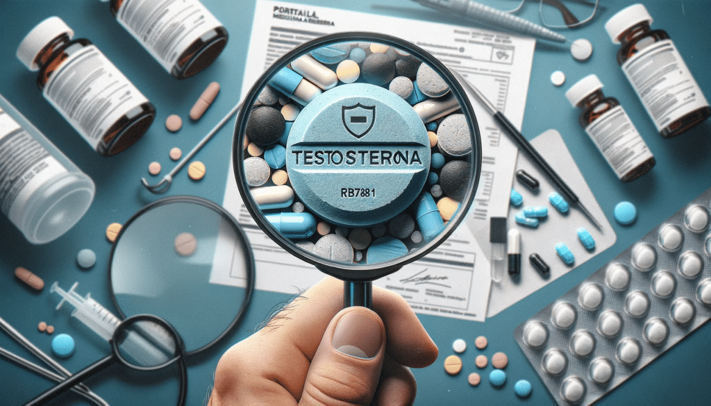 Photo of a detailed testosterona pill under a magnifying glass held by a doctor. Surrounding the magnified pill theres a faint reflection of the l 1