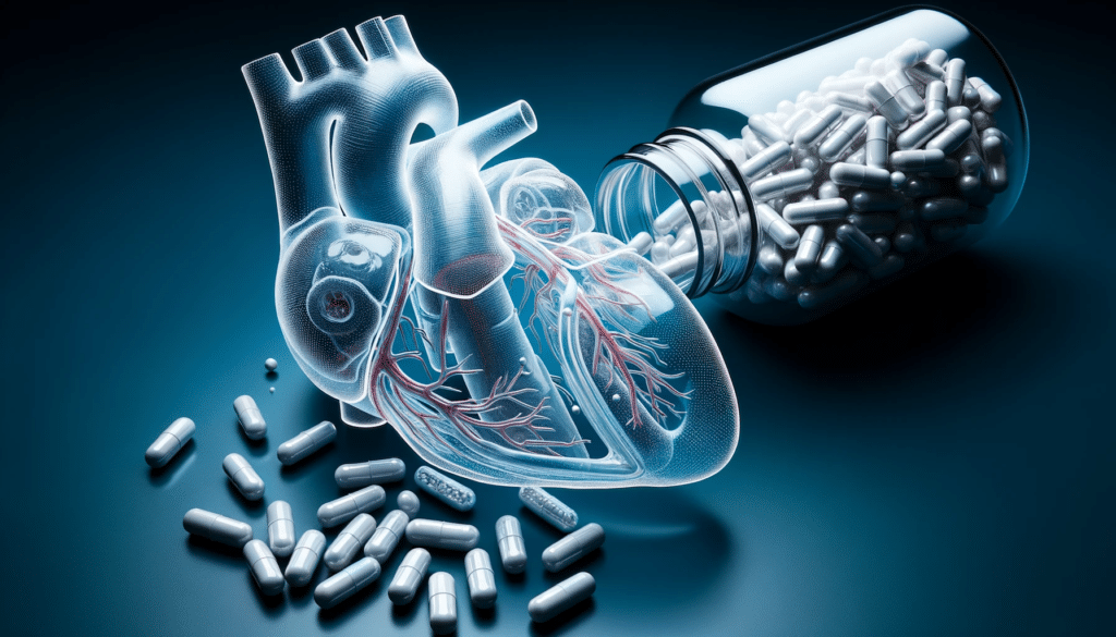 Photo of a detailed translucent human heart with clearly marked valves and chambers against a deep blue backdrop. Beside it a glass bottle topples