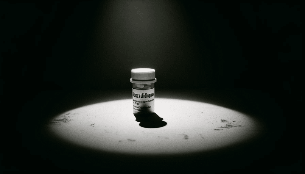 Photo of a dimly lit room where a single pill bottle labeled Benzodiazepinicos stands in the spotlight. Shadows cast eerie patterns emphasizing the