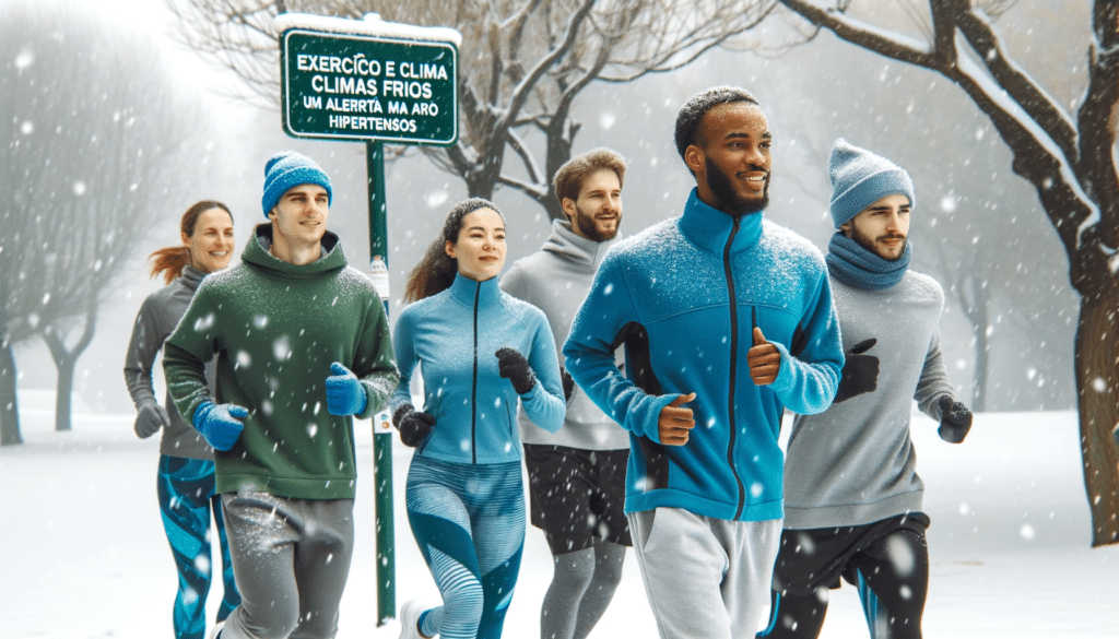 Photo of a diverse group of people including an African male and a Caucasian female jogging in a snow covered park. They are dressed in cool blue an