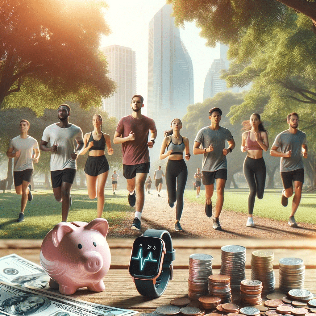 Photo of a diverse group of people jogging in a park with a background of trees and a city skyline. They are wearing sports clothes and have smartwat
