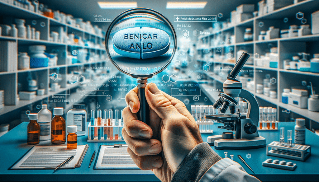 uma lupa dando zoom em um comprimido escrito benicar anlo, dentro de um ambiente de farmácia com uma mesa de pesquisador