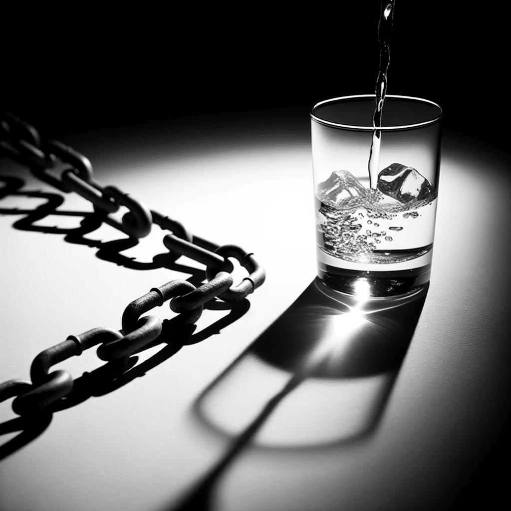 Photo of a glass of alcohol being poured, with its shadow forming chains, symbolizing the idea of dependence.png