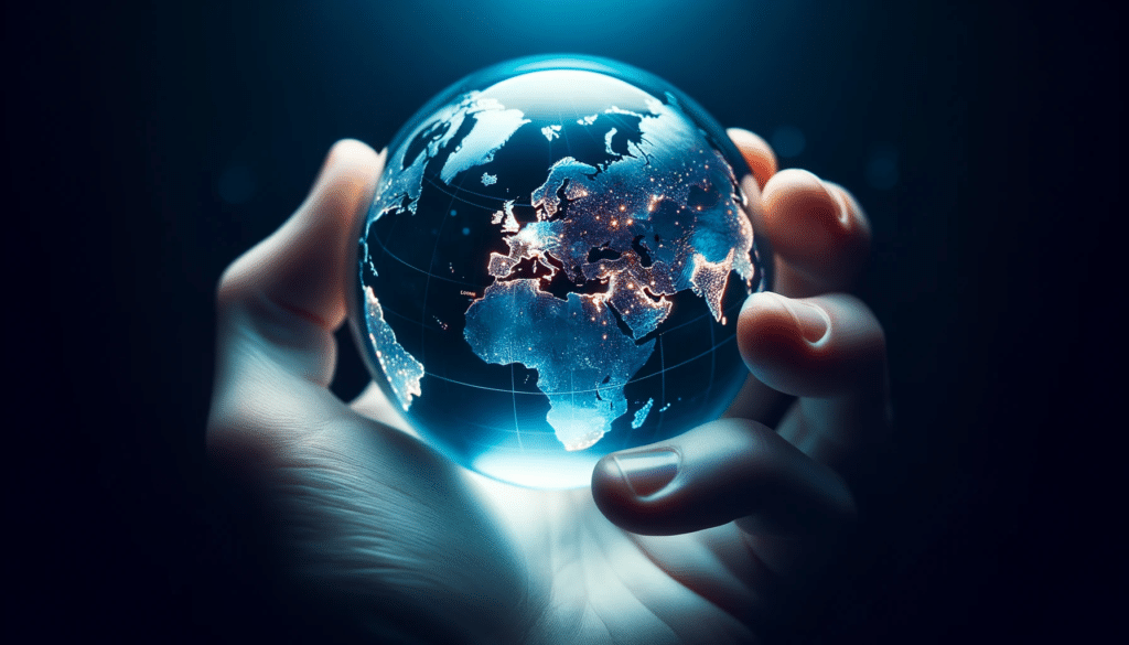 Photo of a hand holding a crystal ball with a world map inside. One country glows in ciano within the orb indicating it as the most anxious while th
