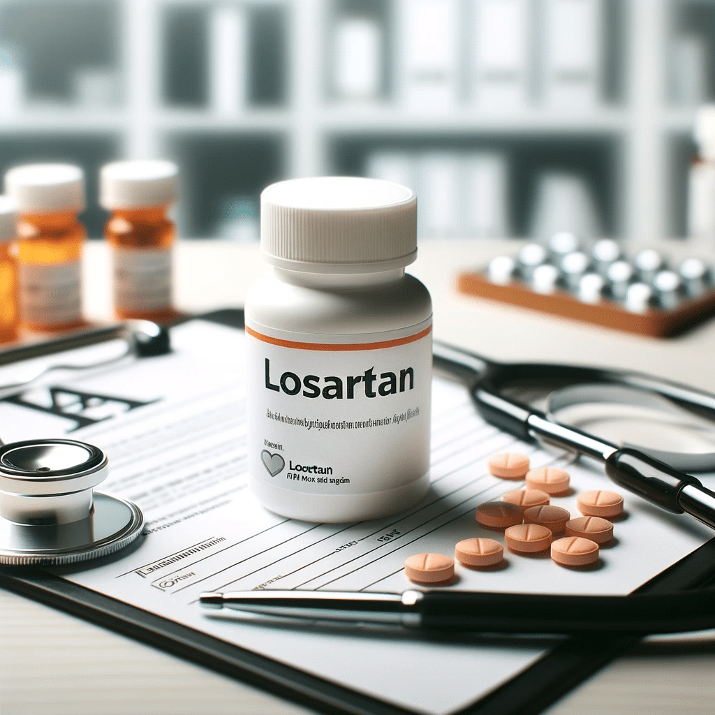 Photo of a losartan pill bottle with a label that reads _Losartana_ on a doctor's desk with a stethoscope and a prescription pad. Background should be