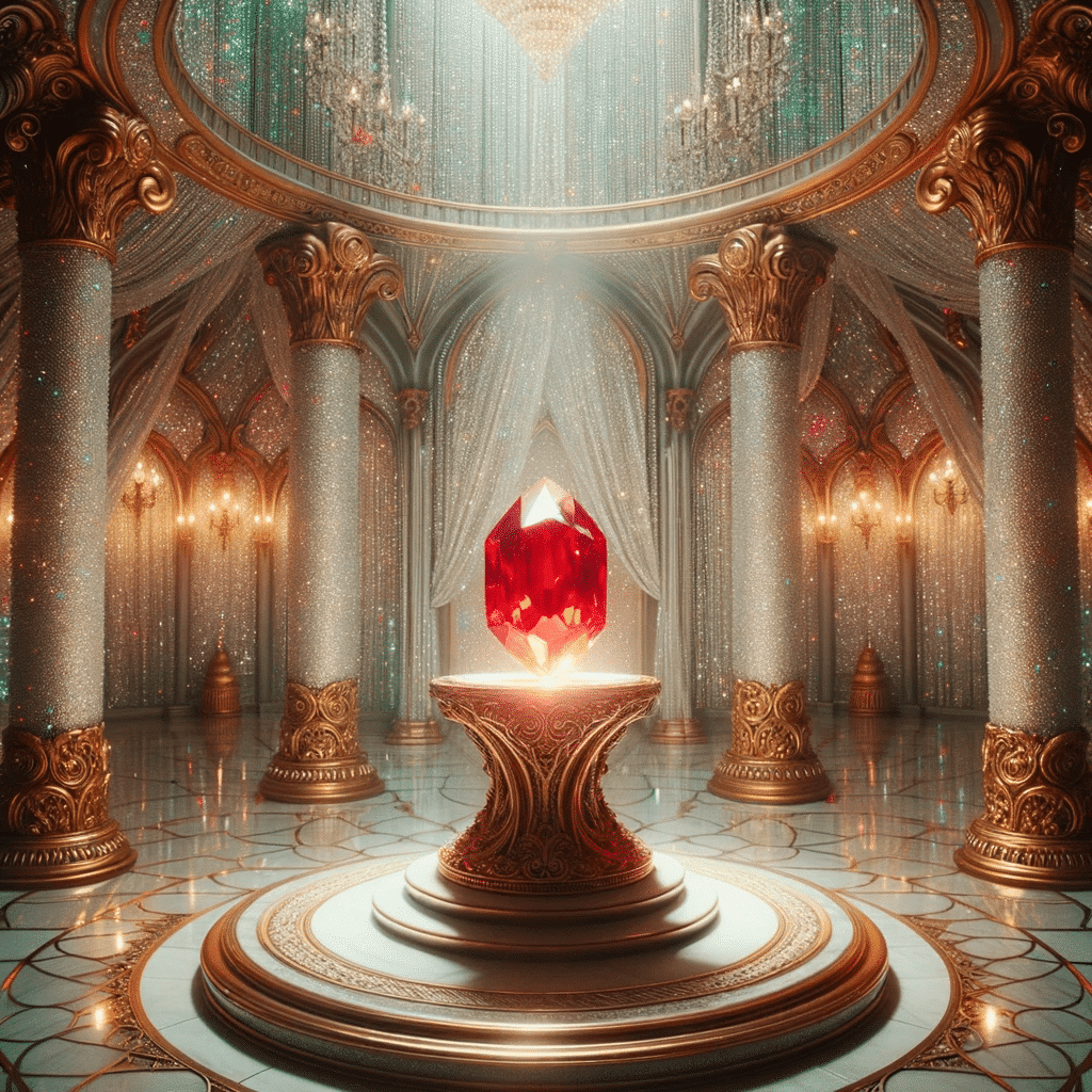 Photo of a magical room with shimmering walls, and a pedestal in the center holding a radiant, red gemstone.