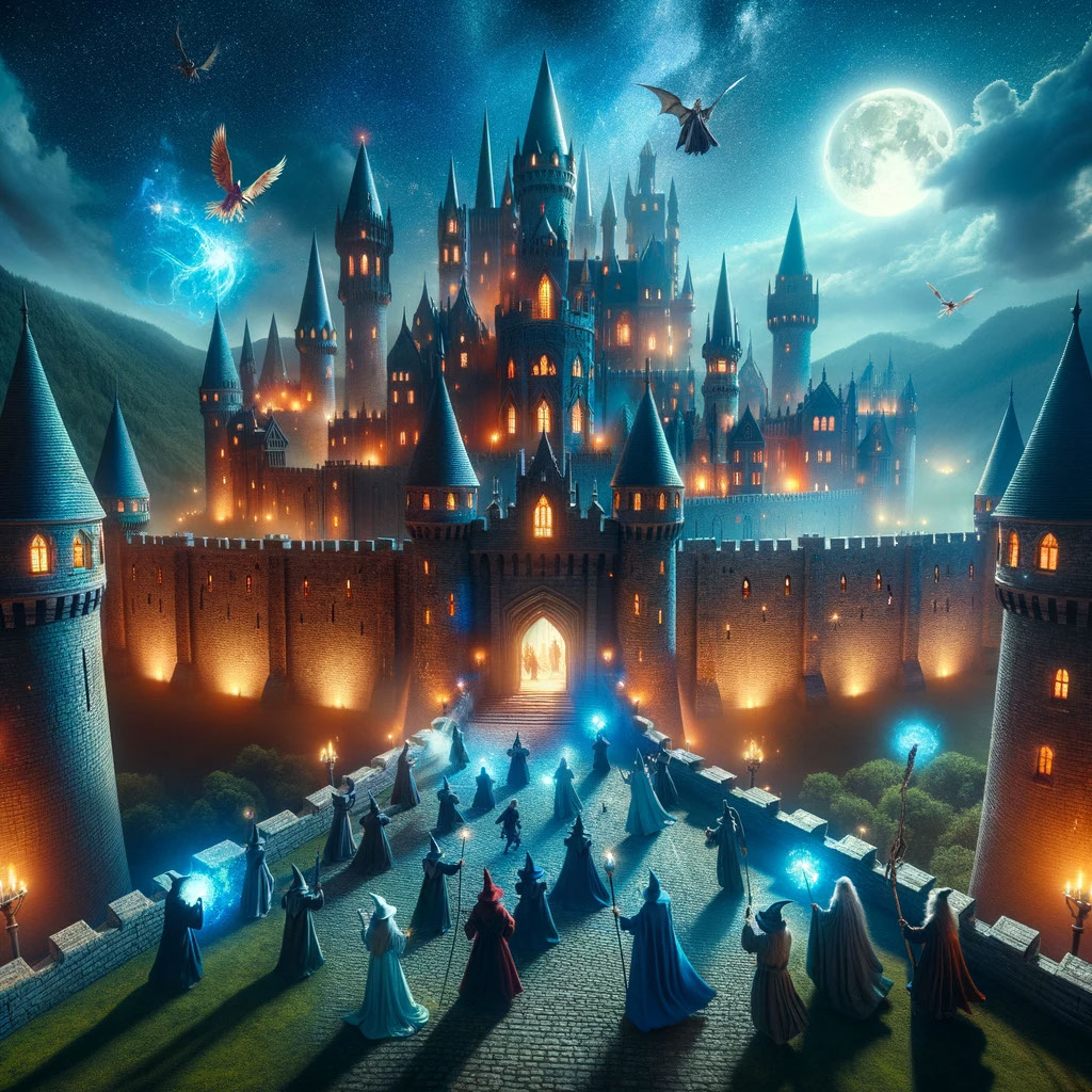 Photo of a majestic castle under siege, with magical spells lighting up the night sky, and groups of wizards and witches bravely defending the rampart