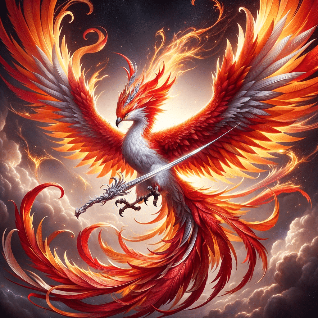 Photo of a majestic phoenix bird in flight, with fiery red and orange feathers, carrying a shining silver sword in its talons