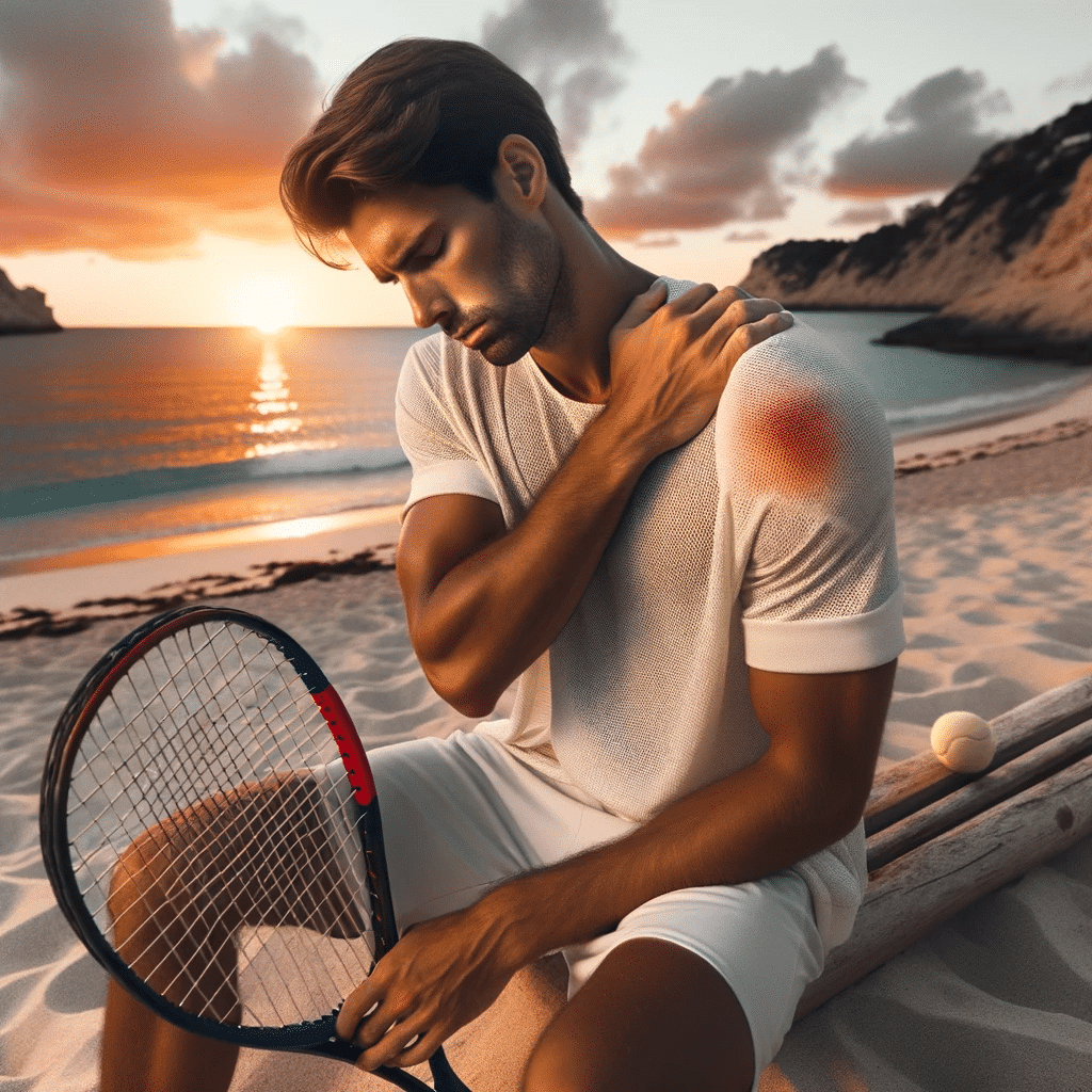 Photo of a male tennis player on a sandy beach with a visibly injured shoulder against a beautiful sunset backdrop. No rackets or nets in the scene