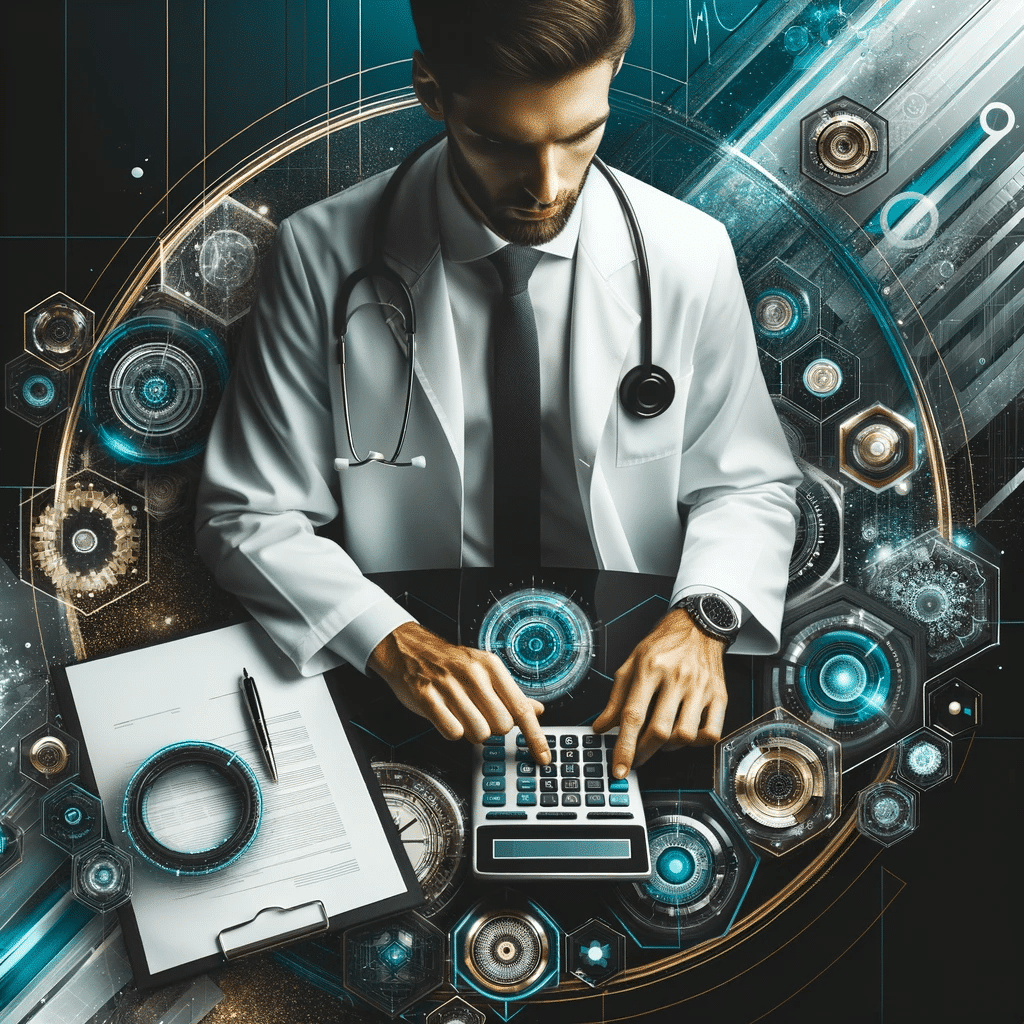 Photo of a medical professional in a chic environment calculating on a device surrounded by a mix of dark cyan glassy black and golden accents