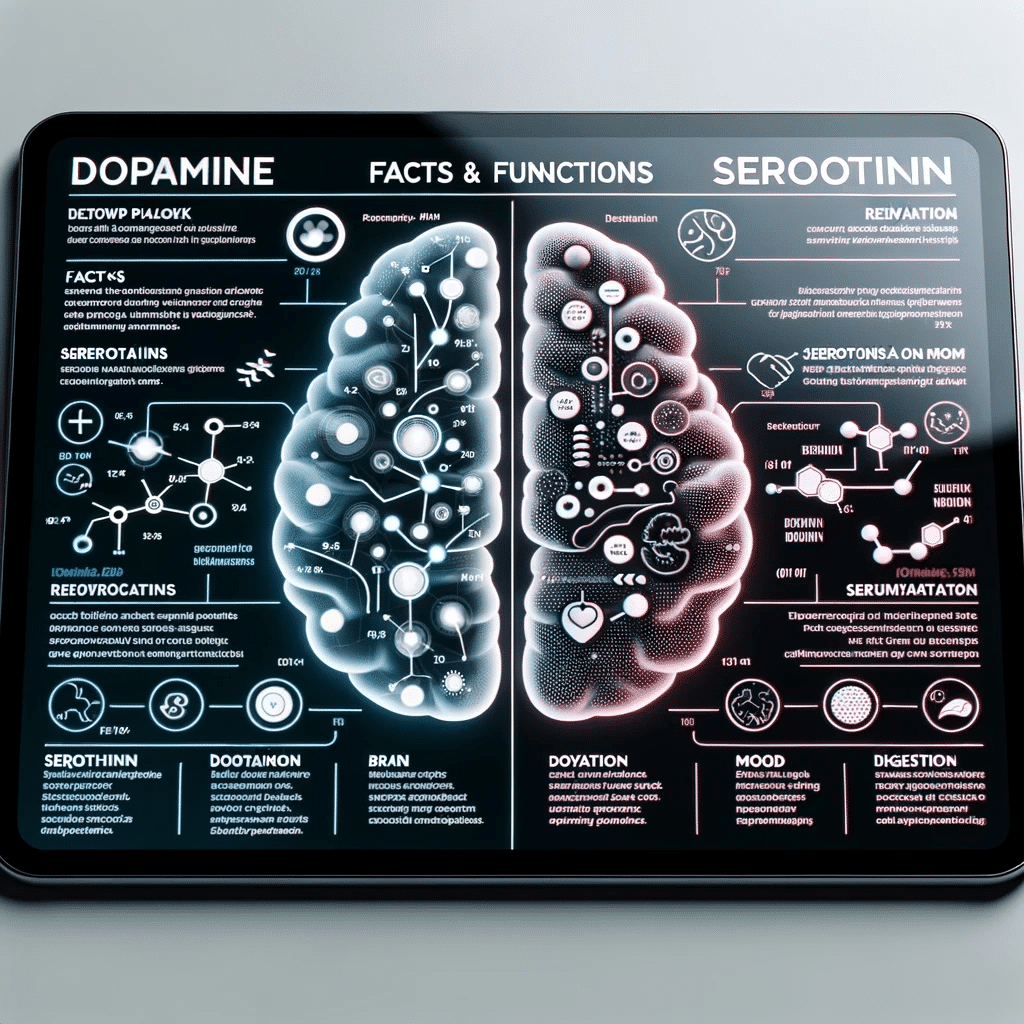 Photo of a modern digital tablet displaying two distinct infographics. The left side of the screen highlights facts and functions of dopamine with vis