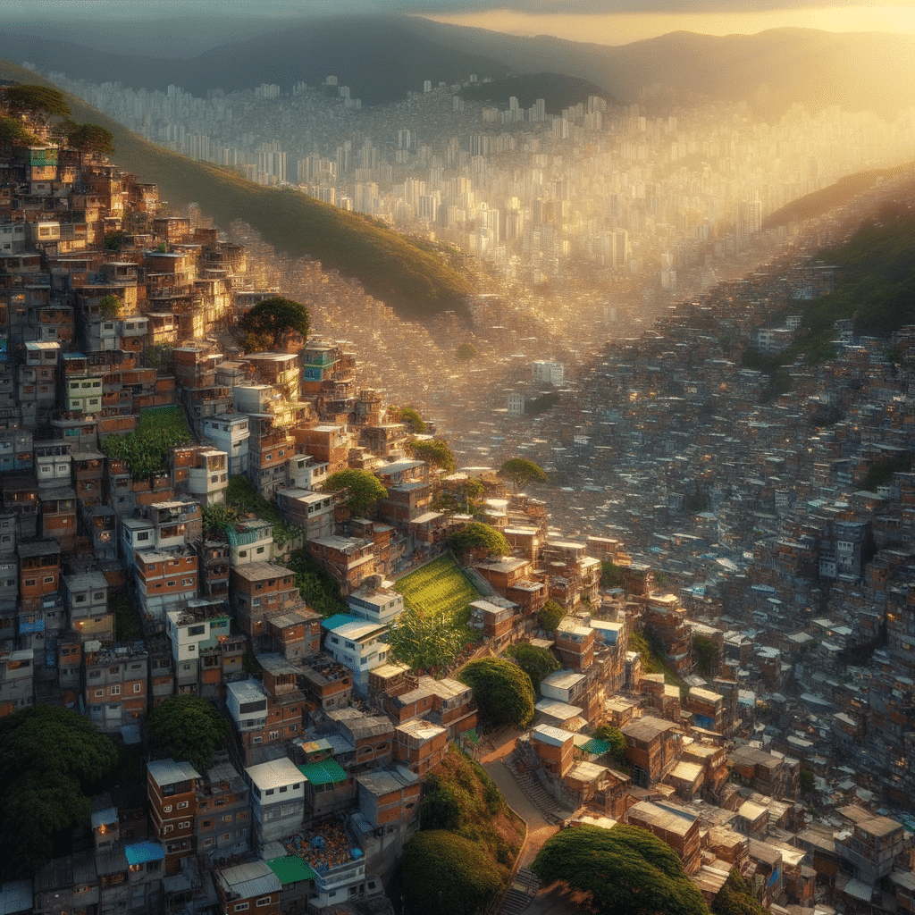 Photo of a panoramic view of a sprawling favela illuminated by the setting sun. The closely packed houses made of various materials cascade down th