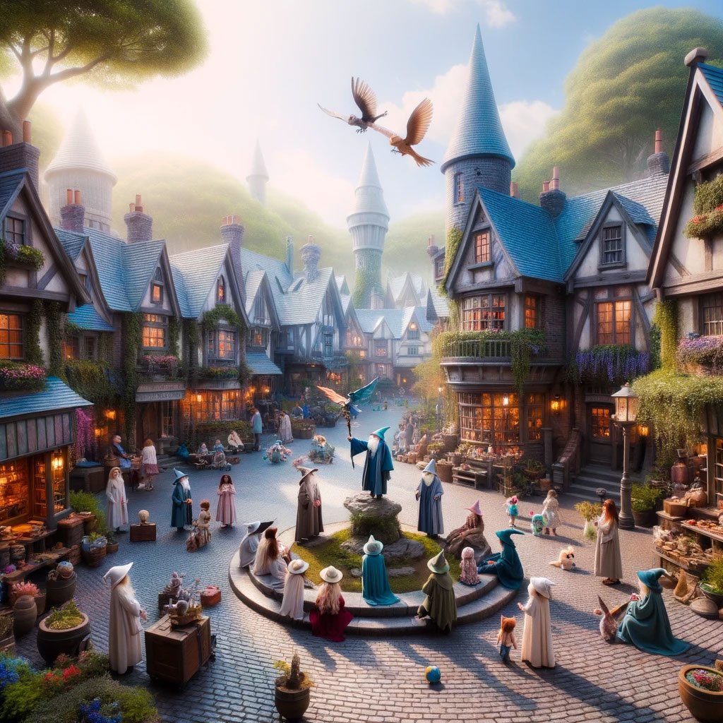 Photo of a peaceful, magical world with families of wizards enjoying their time in a picturesque village square, children playing with magical toys, a