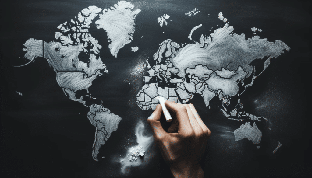 Photo of a persons hand drawing on a world map with chalk on a blackboard. The chalked country in ciano stands out representing its prominence in th