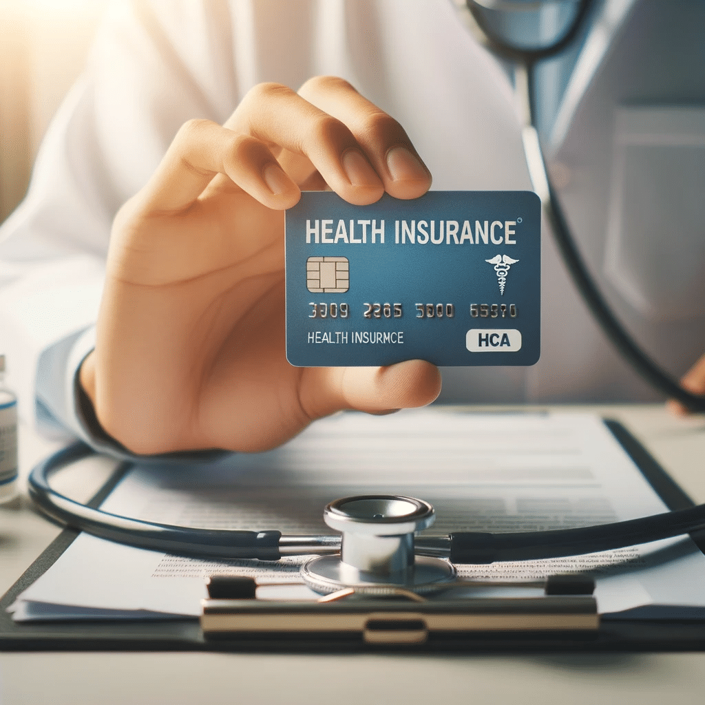 Photo of a persons hand holding a health insurance card with a medical stethoscope in the background emphasizing the importance of healthcare covera